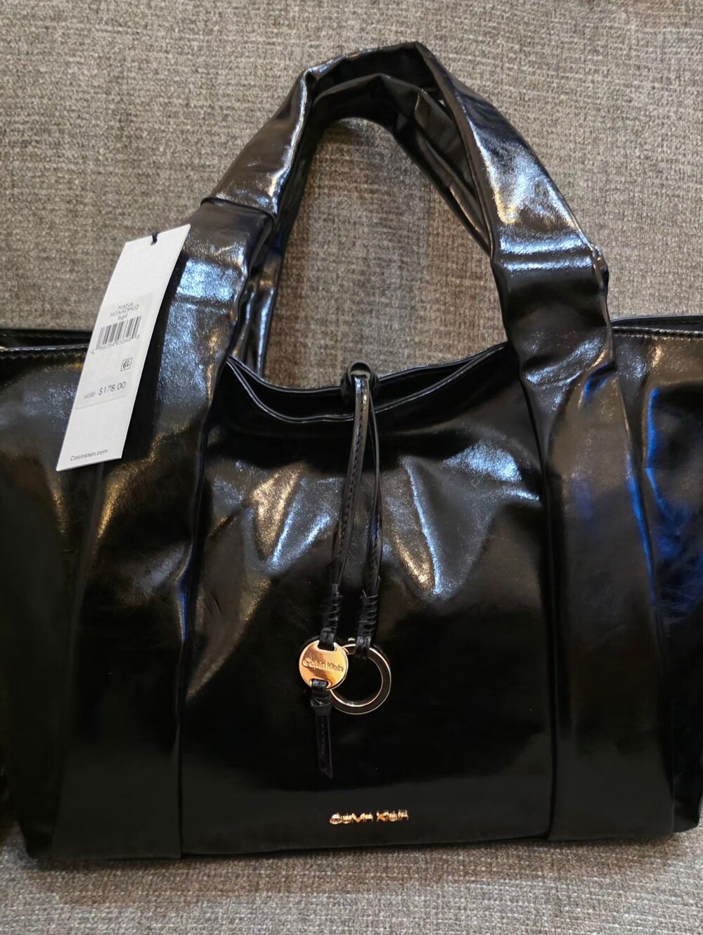 Calvin Klein Hana Tote And Crossbody In Shiny Black, Brand New With Tags!
